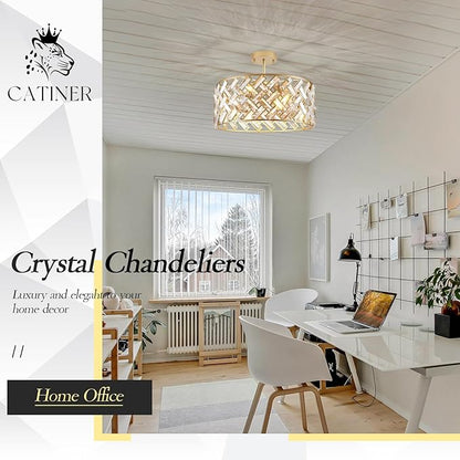 CATINER Gold Crystal Chandelier Modern 18" Round Semi Flush Mount Ceiling Light for Dining Living Room Bedroom & Foyer - Large Round Pendant Fixture