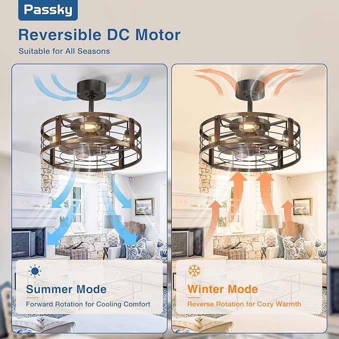 Passky 20 Inch Farmhouse Caged Ceiling Fans with Lights and Remote, Black Downrod Mount Bladeless Fandelier, 6 Speeds Bladeless Ceiling Fan Light for Bedroom, Kitchen, Living Room, Indoor