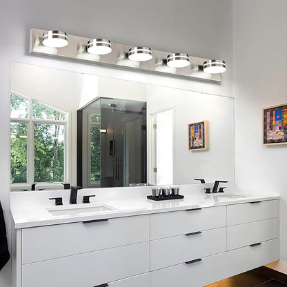 Brushed Nickel Bathroom Light Fixtures Over Mirror, 5-Light Bathroom Vanity Light, LED Dimmable Bath Lights, Modern Wall Mounted Lighting Fixture with Rotating Lamp Head