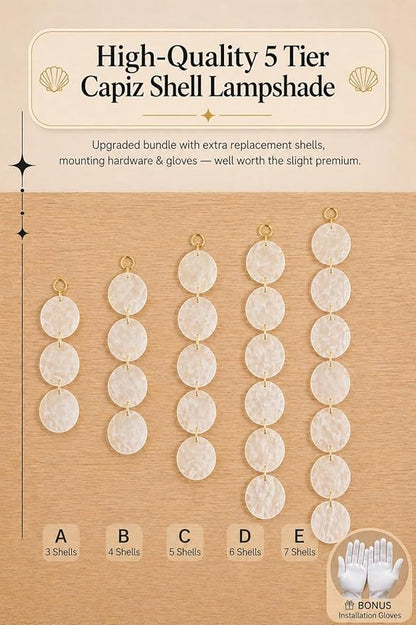 5 Tier Shell Capiz Chandelier, H16'' x D24'' Natural Shell Hanging Ceiling Light Fixtures Seashell Coastal Chandeliers for Living Room(More Additional Shell Parts Included) Gold
