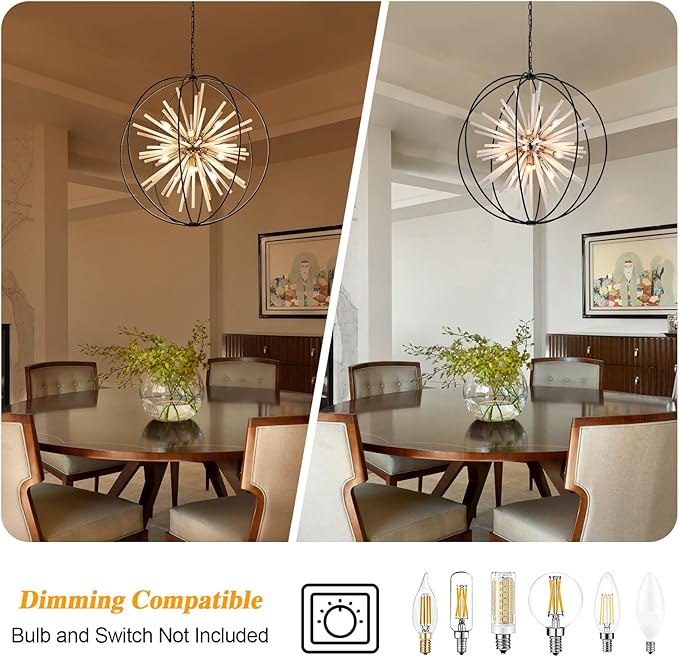 31.5" Black Gold Large Globe Sputnik Chandelier, 12-Light Mid Century Modern Industrial Starburst Golden Satellite Light Fixture for High Ceiling Living Room Dining Room Foyer Stairway,E12
