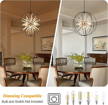 31.5" Black Gold Large Globe Sputnik Chandelier, 12-Light Mid Century Modern Industrial Starburst Golden Satellite Light Fixture for High Ceiling Living Room Dining Room Foyer Stairway,E12