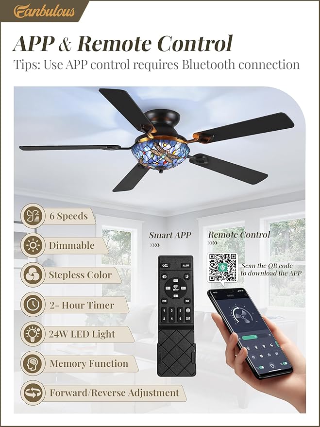 Fanbulous 52 Inch Tiffany Stained Glass Ceiling Fan,Stepless Color 24W LED, Dimmable, Remote & APP Control Quiet DC Motor Vintage Flush Mount Ceiling Fan,5 Dual-Finish Blades for Bedroom