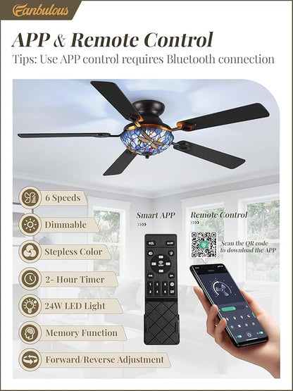 Fanbulous 52 Inch Tiffany Stained Glass Ceiling Fan,Stepless Color 24W LED, Dimmable, Remote & APP Control Quiet DC Motor Vintage Flush Mount Ceiling Fan,5 Dual-Finish Blades for Bedroom