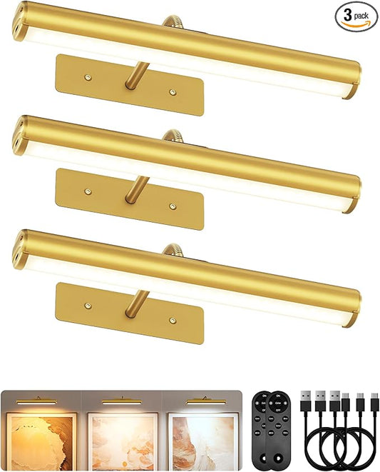 EZVALO 13in Wireless Picture Lights, 4000mAh Rechargeable Art Light with Remote, Dimmable 3 Color Temps, Battery Operated Wall Light for Living Room, Gallery, Painting (Gold, 3 Pack)