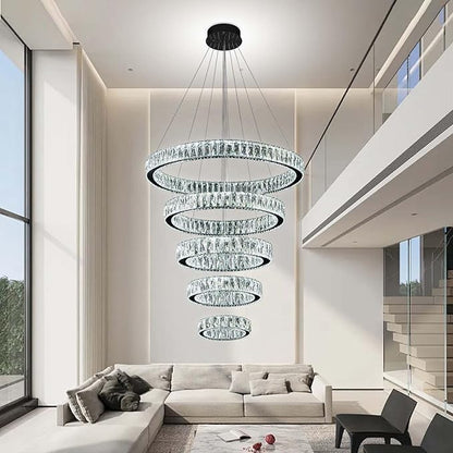 Modern 5 Ring Chandeliers for High Ceiling Foyer,Luxury Dimmable Crystal Ceiling Light Fixtures Staircase Entrance Villa Large Black Chandelier D8''+15.7"+23.6"+31.5"+39.4"