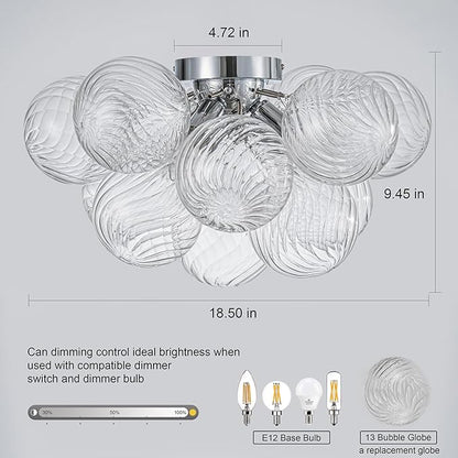 GoYeel Modern Chandelier Close to Ceiling Light Fixture 3 Light Contemporary Mid Century Glass Chandelier 18.5" with 13 Clear Swirled Globe Foyer Bedroom Living Room