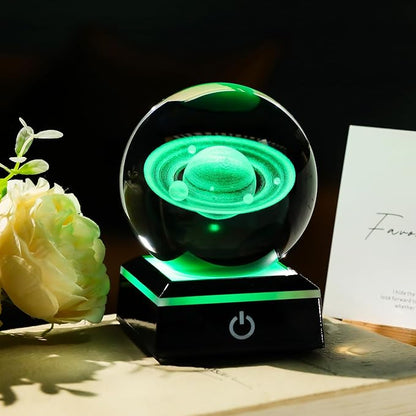 Arikyrist 3D Saturn Crystal Ball Figurine with LED Base, Laser Engraved Glass Planet Model Sphere Gifts for Home Office Decor, Saturn Planet Model Space Universe Gifts for Astronomy Lovers (80mm)