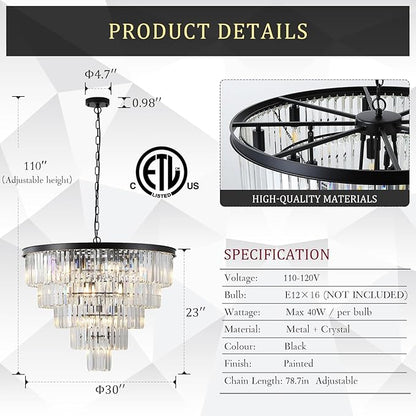 Large Black Crystal Chandeliers 30” Modern Chandelier for High Ceiling Foyer 5 Tiers 16 Lights Contemporary K9 Ceiling Pendant Light Fixture for Staircase Dining Room Bedroom