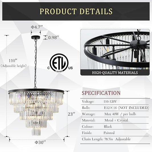 Large Black Crystal Chandeliers 30” Modern Chandelier for High Ceiling Foyer 5 Tiers 16 Lights Contemporary K9 Ceiling Pendant Light Fixture for Staircase Dining Room Bedroom
