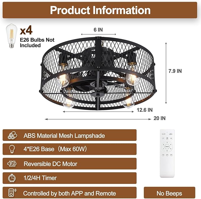 Depuley Caged Ceiling Fan with Light: 20" Flush Mount Ceiling Fans with Remote - Farmhouse Black Fandelier - Industrial Ceiling Fan Light Fixture for Small Low Indoor Bedroon Kitchen Dining Room