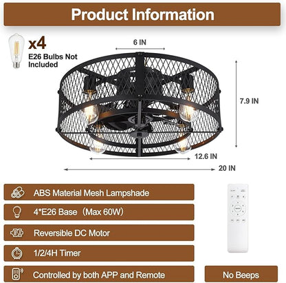 Depuley Caged Ceiling Fan with Light: 20" Flush Mount Ceiling Fans with Remote - Farmhouse Black Fandelier - Industrial Ceiling Fan Light Fixture for Small Low Indoor Bedroon Kitchen Dining Room