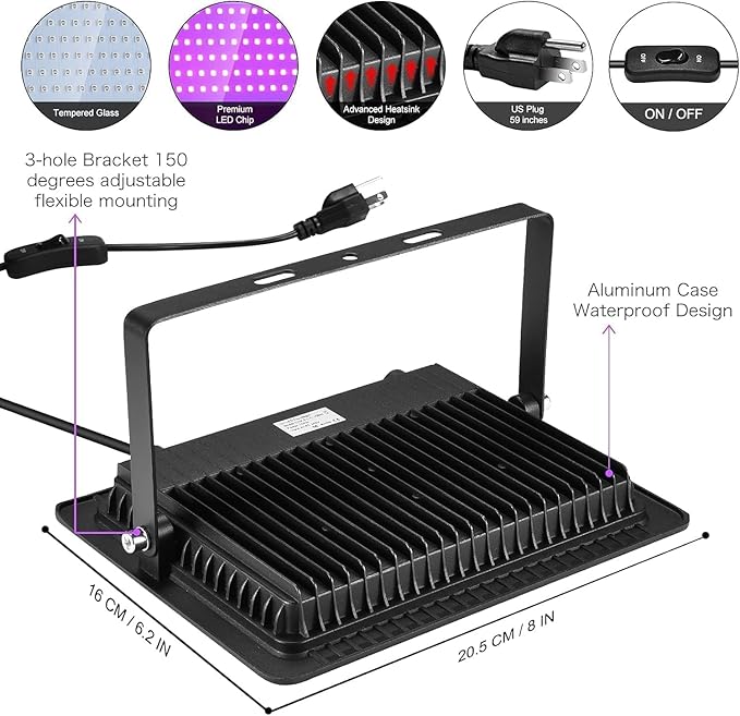 YANYCN 4 Pack 150W LED Black Lights, Blacklight Flood Light Outdoor with Plug and Switch, IP66 Waterproof for Dance Party, Glow in The Dark, Halloween Lights, Body Paint, Fluorescent Poster