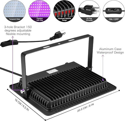 YANYCN 4 Pack 150W LED Black Lights, Blacklight Flood Light Outdoor with Plug and Switch, IP66 Waterproof for Dance Party, Glow in The Dark, Halloween Lights, Body Paint, Fluorescent Poster