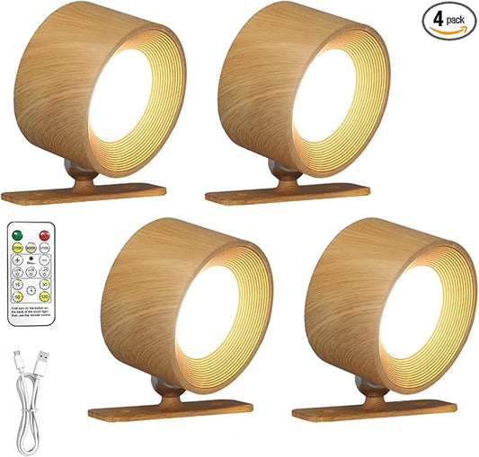 Rechargeable Wall Sconce with Remote & Touch, 360° Rotatable Battery Operated Wall Lights, 3-Color Dimmable, No Drill Adhesive, Ultra Long Battery for Bedroom Reading（Wooden-4PC）