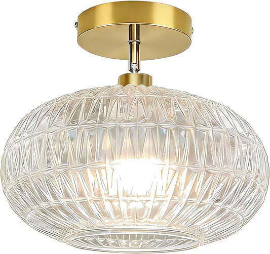 Gold Semi Flush Mount Ceiling Light Fixture,Hallway Light Fixtures,Vintage Small Ceiling Light Fixture,Globe Glass Ceiling Fixture,Vintage Ceiling Lamp,Kitchen Ceiling Lighting for Bedroom Bathroom