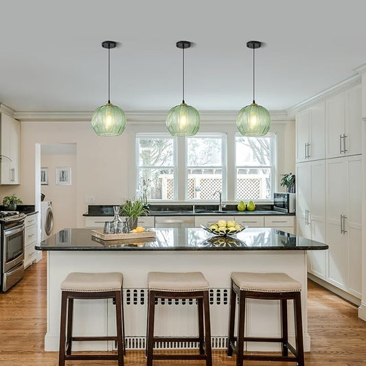 9.8'' Green Glass Pendant Lighting, Single Large Globe Chandelier with Ribbed Glass Lampshade, Nordic Ceiling Hanging Ball Light Fixture for Kitchen Island, Dining Living Room, Bedroom