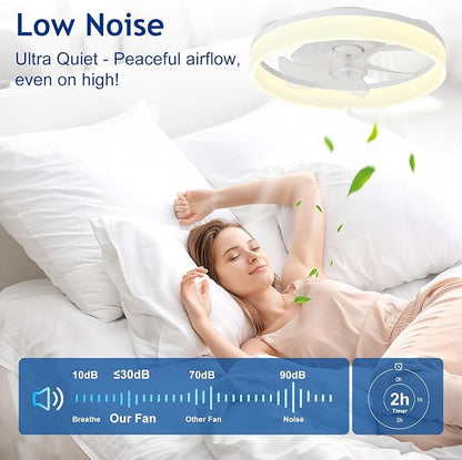 DLLT LED Ceiling Fan with Light: 16" Modern Low Profile Flush Mount Fandelier with App & Remote Control - Dimmable White Bladeless Fan Light Fixture for Bedroom Kids Room Living Room