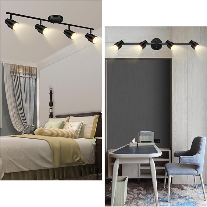 BoostArea LED 4 Light Track Lighting Kit,4 Way Industrial Ceiling Spot Lighting, Flexibly Rotatable Light Head for Kitchen, Living Room, Bedroom, Black,GU10 Bulb Not Included