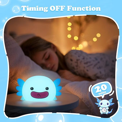 Axolotl Night Light, LED Cute Silicone Nursery Nightlight for Kids, Dimmable Squishy Night Light Touch Bedside Lamp with 20 Minutes Timer, Axolotl Gift, Funny Decor, Blue