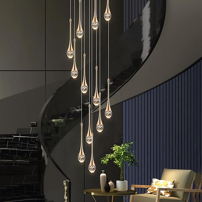 Modern Crystal Staircase Chandelier Gold 12-Lights, H120'' Large High Ceiling Spiral Dimmable LED Raindrop Foyer Entryway Light Fixture Remote Control