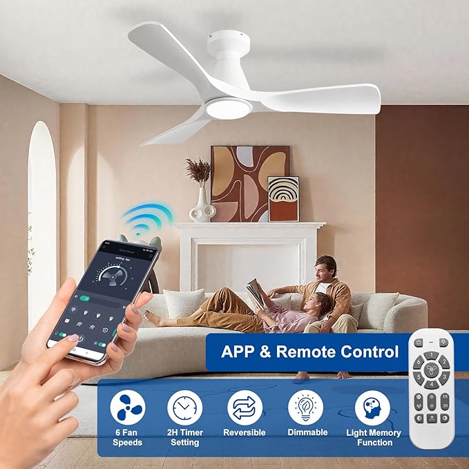 DLLT 42-Inch Ceiling Fans with Lights: Flush Mount Ceiling Fan 3 Blades for Indoor Outdoor - White Ceiling Fan with Remote APP Control Noiseless for Low Profile Bedroom