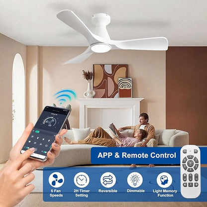 DLLT 42-Inch Ceiling Fans with Lights: Flush Mount Ceiling Fan 3 Blades for Indoor Outdoor - White Ceiling Fan with Remote APP Control Noiseless for Low Profile Bedroom
