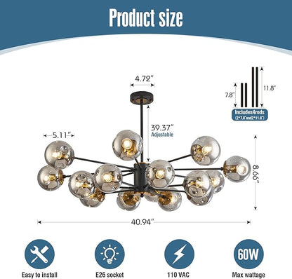 DDLLDESHI 16 Light Chandelier Sputnik Ceiling Light Fixture with Glass Globe Bubble Black Chandeliers for Dining Room Bedroom Kitchen Office Living Room Light Fixture（41" Art Deco Modern Chandelier）