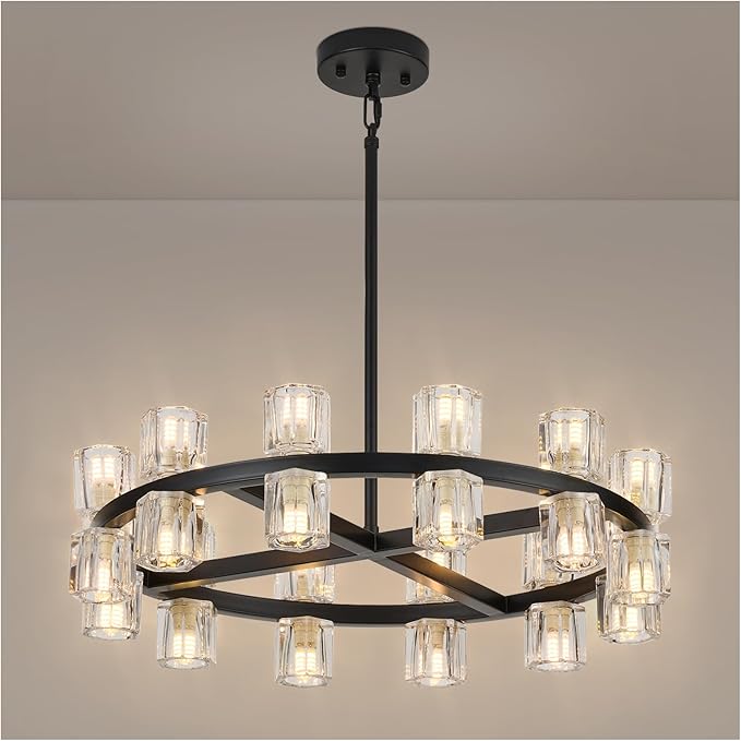 24 Inch Black Crystal Wagon Wheel Chandelier, Modern Farmhouse Round 24-Lights Pendant Lighting Fixture, for High Ceilings Living Room, Bedroom, Foyer