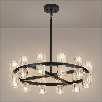 24 Inch Black Crystal Wagon Wheel Chandelier, Modern Farmhouse Round 24-Lights Pendant Lighting Fixture, for High Ceilings Living Room, Bedroom, Foyer