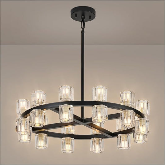 24 Inch Black Crystal Wagon Wheel Chandelier, Modern Farmhouse Round 24-Lights Pendant Lighting Fixture, for High Ceilings Living Room, Bedroom, Foyer