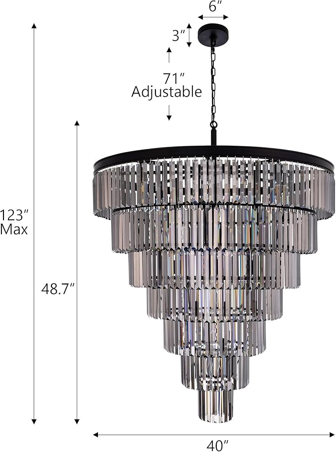 TOCHIC Black Crystal Chandelier for Living Room, 40 Inch 7-Tier Modern K9 Smoke Grey Chandeliers for Dining Room, Round Raindrop Light Hanging for High Ceiling, Staircase, Entryway, Foyer