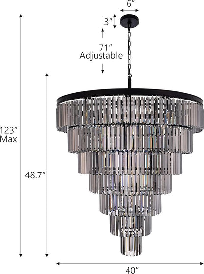 TOCHIC Black Crystal Chandelier for Living Room, 40 Inch 7-Tier Modern K9 Smoke Grey Chandeliers for Dining Room, Round Raindrop Light Hanging for High Ceiling, Staircase, Entryway, Foyer