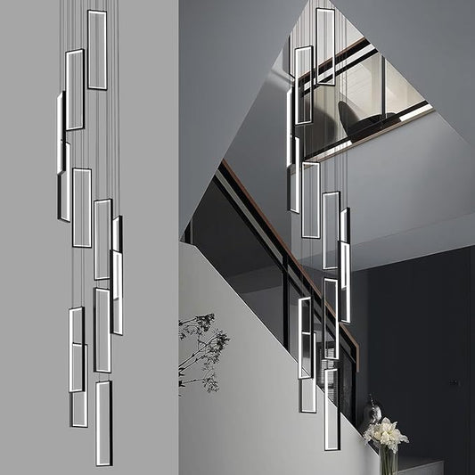 Modern Adjustable Height Pendant Light Fixture Black 252W LED Pendant Lights 12 Rings Rectangular Chandelier Staircase Large Chandelier Lobby Living Room Foyer High Ceiling Chandeliers