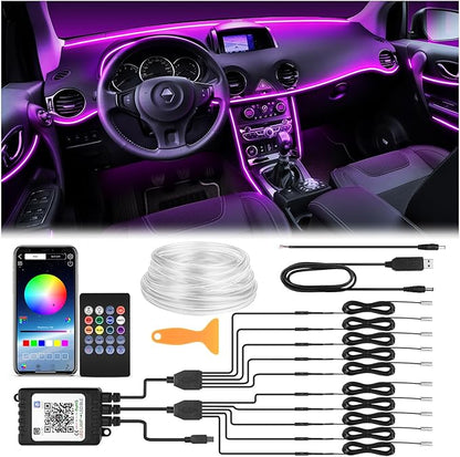 Interior Car LED Strip Lights 470 inches Fiber Optic tubing USB Powered RGB 10 in 1 Car Neon with Wireless APP and Remote Control, Ambient Lighting Kits 16 Million Colors,Sync to Music
