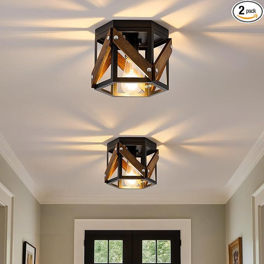 XSDeTu 2 Pack Farmhouse Flush Mount Ceiling Light, Rustic Hallway Light Fixtures Ceiling, Vintage Black Lighting Fixtures with Metal and Wood Cage, Small Chandelier for Kitchen Sink Entryway Bathroom