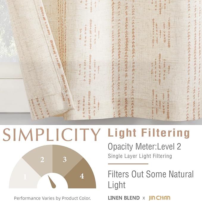 jinchan Boho Kitchen Curtains Linen Tier Curtains 45 Inches Bohemian Cafe Small Drapes Striped Mudcloth Farmhouse for Bathroom RV Camper Light Filtering Rod Pocket 2 Panels Taupe on Beige