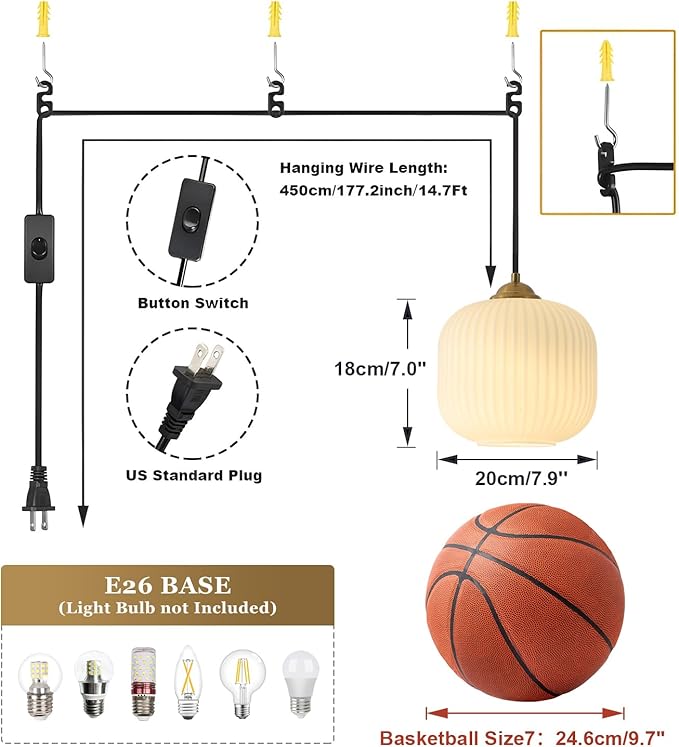 Small Milk Glass Hanging Pendant Light Plug in Brushed Gold Pendant Light Brass Pendant Lights Kitchen Island White Globe Lights Plug in Modern Hanging Chandelier