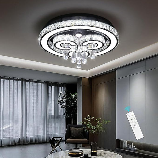 HAIXIANG Modern Glam Chandelier LED Crystal Light Interior Luxury Ceiling Chandeliers Remote Dimmable Lights Fixture 24 Inches Black Light