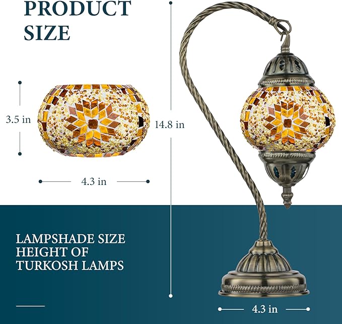 Marrakech Tiffany Lamp Turkish Table Lamp with Vintage Style, Handmade Moroccan Lamps with Mosaic Stained Glass&Swan Neck Bronze Base Including LED Bulb for Living Room Bedroom Decor (Yellow)