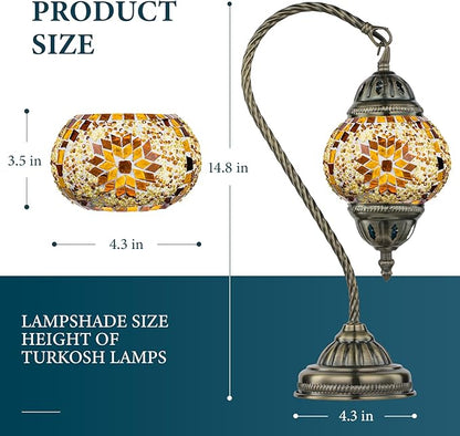 Marrakech Tiffany Lamp Turkish Table Lamp with Vintage Style, Handmade Moroccan Lamps with Mosaic Stained Glass&Swan Neck Bronze Base Including LED Bulb for Living Room Bedroom Decor (Yellow)