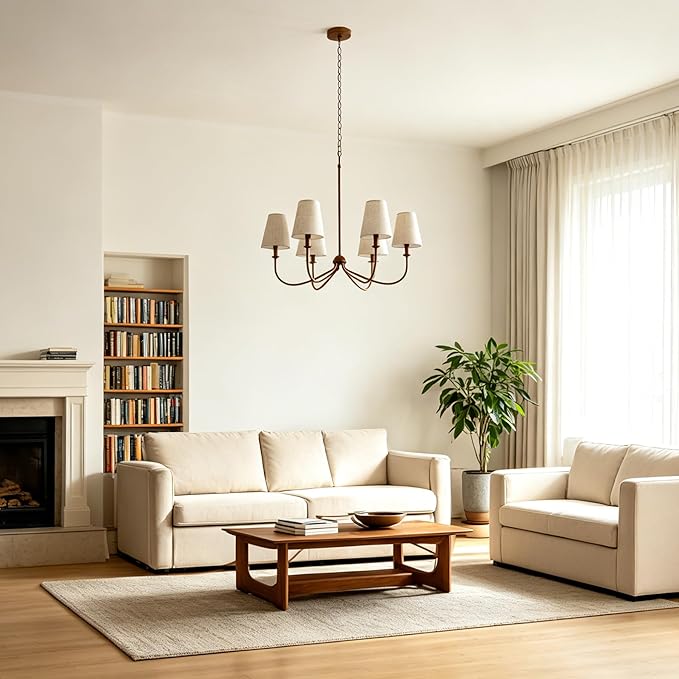 Chandelier, Retro Antique Brown with White Beige Fabric Shade, 6-Light 28" Country Rustic Farmhouse Linear Pendant Lighting Fixture for Kitchen Island Dining Living Room Bedroom