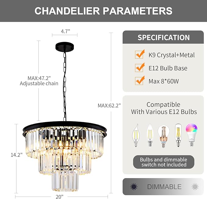 Modern Crystal Chandelier 20'' Black Chandeliers for Dining Room Contemporary Pendant Light Fixture Round 3-Tier K9 Crystal Chandelier Adjustable Height for Living Room, Foyer, Entryway, Bedroom