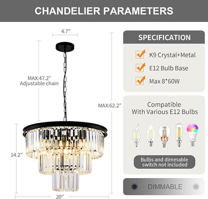 Modern Crystal Chandelier 20'' Black Chandeliers for Dining Room Contemporary Pendant Light Fixture Round 3-Tier K9 Crystal Chandelier Adjustable Height for Living Room, Foyer, Entryway, Bedroom