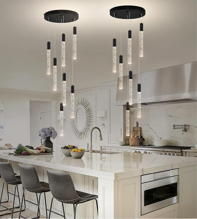 Modern High Ceiling Crystal Chandelier 7-Lights, Spiral LED Raindrop Foyer Pendant Lighting, Bubble Staircase Living Room Hanging Light Fixture Flush Mount Black