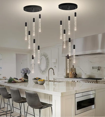 Modern High Ceiling Crystal Chandelier 7-Lights, Spiral LED Raindrop Foyer Pendant Lighting, Bubble Staircase Living Room Hanging Light Fixture Flush Mount Black