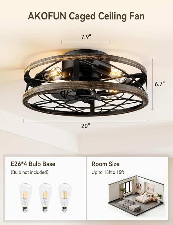 20" Caged Ceiling Fans with Lights and Remote, Flush Mount Low Profile Rustic Small Fandelier, Enclosed Indoor Ceiling Fan for Bedroom Kitchen Farmhouse, 6 Speed, Quiet DC Motor, Timer, Black Gold