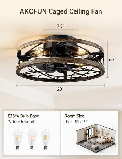 20" Caged Ceiling Fans with Lights and Remote, Flush Mount Low Profile Rustic Small Fandelier, Enclosed Indoor Ceiling Fan for Bedroom Kitchen Farmhouse, 6 Speed, Quiet DC Motor, Timer, Black Gold