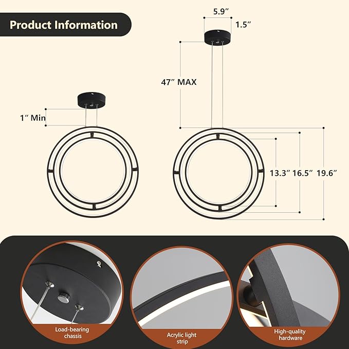 Modern LED Chandelier 3 Rings Black Circle Hanging Pendant Lighting Dimmable Round Ring Kitchen Island Chandelier Creative DIY for Dining Living Room Bedroom Height Adjustable