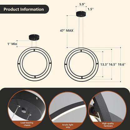 Modern LED Chandelier 3 Rings Black Circle Hanging Pendant Lighting Dimmable Round Ring Kitchen Island Chandelier Creative DIY for Dining Living Room Bedroom Height Adjustable
